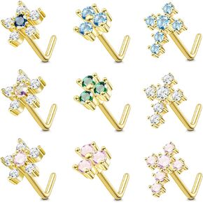 Drperfect 9Pcs 20G Nose Rings Stud L Shaped Nose Rings Stainless Steel CZ Flower Cross Clover Nose Piercing Jewelry for Women Men Silver Gold Rose Gold in Saudi Arabia