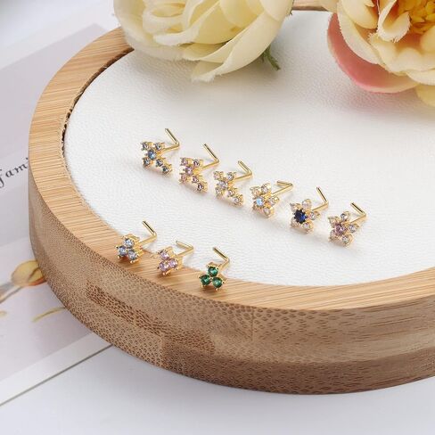 Drperfect 9Pcs 20G Nose Rings Stud L Shaped Nose Rings Stainless Steel CZ Flower Cross Clover Nose Piercing Jewelry for Women Men Silver Gold Rose Gold in Saudi Arabia