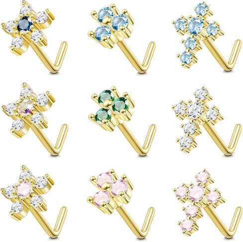Drperfect 9Pcs 20G Nose Rings Stud L Shaped Nose Rings Stainless Steel CZ Flower Cross Clover Nose Piercing Jewelry for Women Men Silver Gold Rose Gold in Saudi Arabia