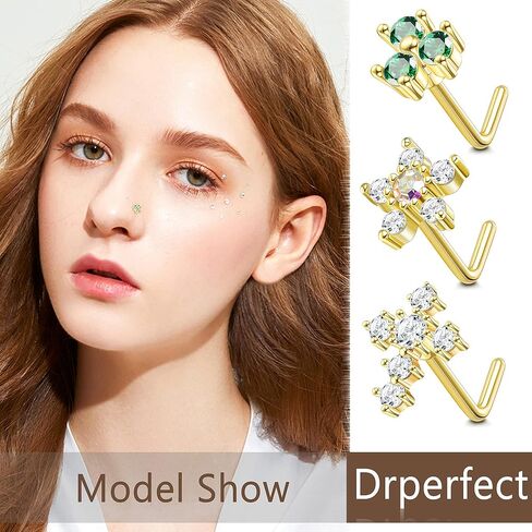 Drperfect 9Pcs 20G Nose Rings Stud L Shaped Nose Rings Stainless Steel CZ Flower Cross Clover Nose Piercing Jewelry for Women Men Silver Gold Rose Gold in Saudi Arabia