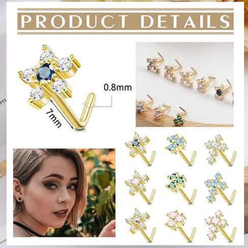 Drperfect 9Pcs 20G Nose Rings Stud L Shaped Nose Rings Stainless Steel CZ Flower Cross Clover Nose Piercing Jewelry for Women Men Silver Gold Rose Gold in Saudi Arabia