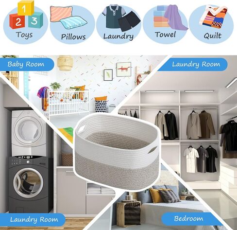 Cotton Rope Storage Baskets 15x10x9 in, Decorative Woven Baskets for Storage, Collapsible Storage Bins Organizer for Nursery, Laundry, Towel, Clothes, Books (1 Pack, Beige/White) in Saudi Arabia