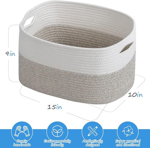 Cotton Rope Storage Baskets 15x10x9 in, Decorative Woven Baskets for Storage, Collapsible Storage Bins Organizer for Nursery, Laundry, Towel, Clothes, Books (1 Pack, Beige/White) in Saudi Arabia