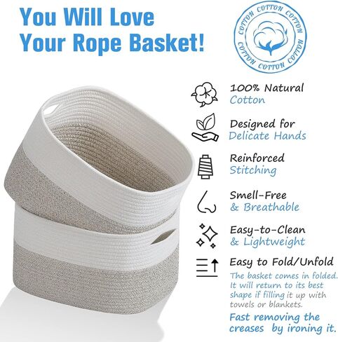 Cotton Rope Storage Baskets 15x10x9 in, Decorative Woven Baskets for Storage, Collapsible Storage Bins Organizer for Nursery, Laundry, Towel, Clothes, Books (1 Pack, Beige/White) in Saudi Arabia