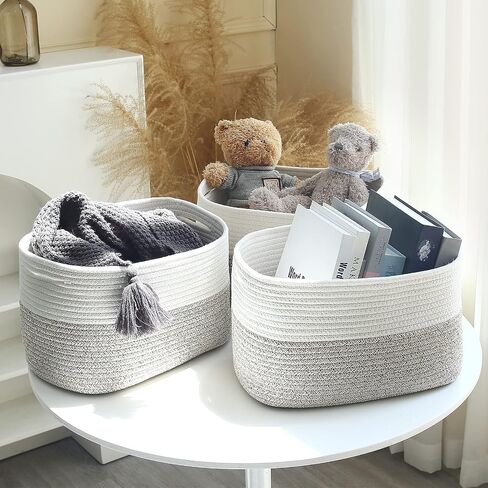 Cotton Rope Storage Baskets 15x10x9 in, Decorative Woven Baskets for Storage, Collapsible Storage Bins Organizer for Nursery, Laundry, Towel, Clothes, Books (1 Pack, Beige/White) in Saudi Arabia