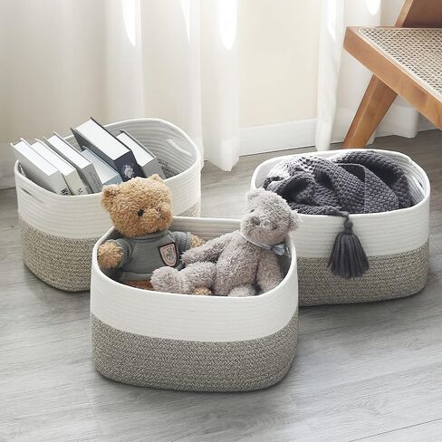 Cotton Rope Storage Baskets 15x10x9 in, Decorative Woven Baskets for Storage, Collapsible Storage Bins Organizer for Nursery, Laundry, Towel, Clothes, Books (1 Pack, Beige/White) in Saudi Arabia