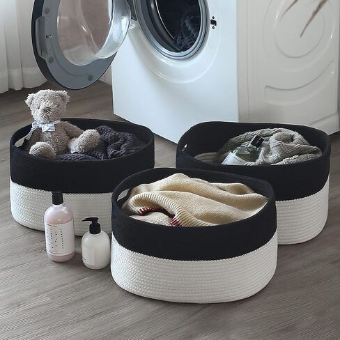Cotton Rope Storage Baskets 15x10x9 in, Decorative Woven Baskets for Storage, Collapsible Storage Bins Organizer for Nursery, Laundry, Towel, Clothes, Books (1 Pack, Beige/White) in Saudi Arabia