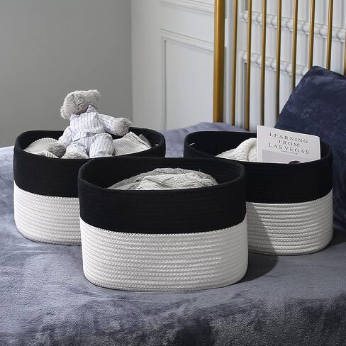 Cotton Rope Storage Baskets 15x10x9 in, Decorative Woven Baskets for Storage, Collapsible Storage Bins Organizer for Nursery, Laundry, Towel, Clothes, Books (1 Pack, Beige/White) in Saudi Arabia