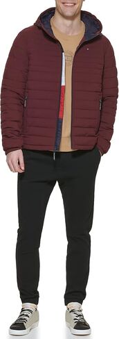 Tommy Hilfiger Men's Stretch Poly Hooded Packable Jacket, Port, Medium in Kuwait