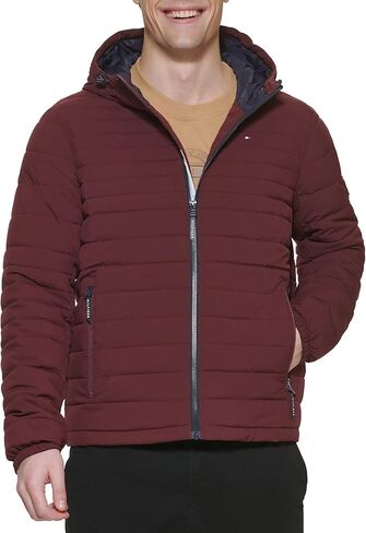 Tommy Hilfiger Men's Stretch Poly Hooded Packable Jacket, Port, Medium in Kuwait
