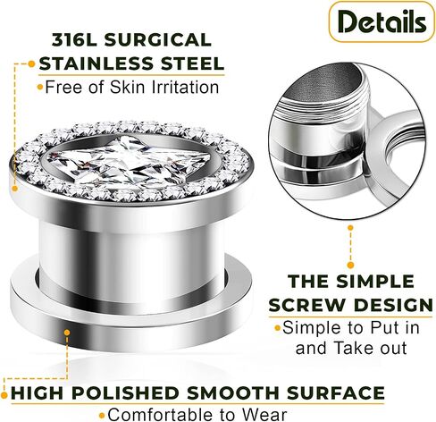 BIG GAUGES Pair of 316L Surgical Steel Screw-Fit Flesh Tunnels Piercing Jewelry Stretcher Clear Star Ear Earring Lobe Plugs in Saudi Arabia