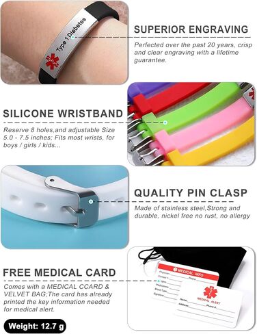JF.JEWELRY Personalized Medical Alert Bracelets | Silicone Wristband Medical ID Bracelet for Boys Girls | Free Engraved Medical Bracelets, Adjustable Size 5.0-7.5 inches in Kuwait