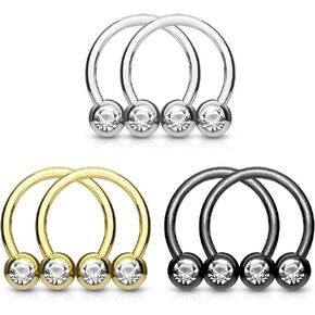 Set of Three (3) Pairs of 14G Stainless Steel CZ Crystal Horseshoe Circular Curved Nipple Septum Barbell Rings in Kuwait