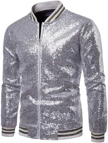 FEORJGP Mens Sequins Jakcet Zip Up Varsity Baseball Bomber Jacket Shinny Lightweight Coat Clubwear Bomber Jacket for Stage in Kuwait