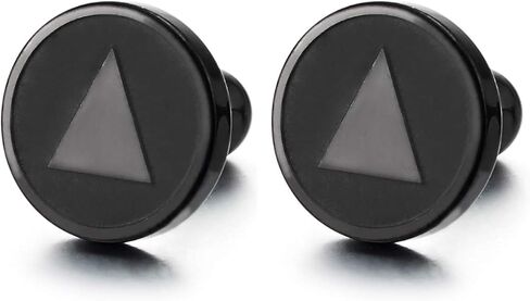 Mens Womens Steel Black Disc Circle With Triangle Stud Earrings, Screw Back, Polished and Satin in Saudi Arabia