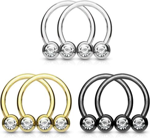 Set of Three (3) Pairs of 14G Stainless Steel CZ Crystal Horseshoe Circular Curved Nipple Septum Barbell Rings in Kuwait