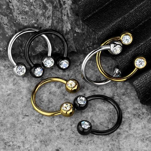 Set of Three (3) Pairs of 14G Stainless Steel CZ Crystal Horseshoe Circular Curved Nipple Septum Barbell Rings in Kuwait