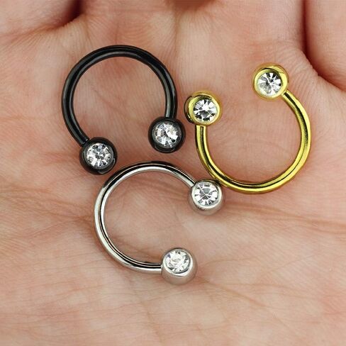 Set of Three (3) Pairs of 14G Stainless Steel CZ Crystal Horseshoe Circular Curved Nipple Septum Barbell Rings in Kuwait