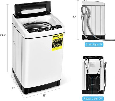 COSTWAY Portable Washing Machine, 11Lbs Capacity Full-automatic Washer with 8 Wash Programs, LED Display, 10 Water Levels, Compact Laundry Washer and Dryer Combo for Apartment Dorm, White in Kuwait