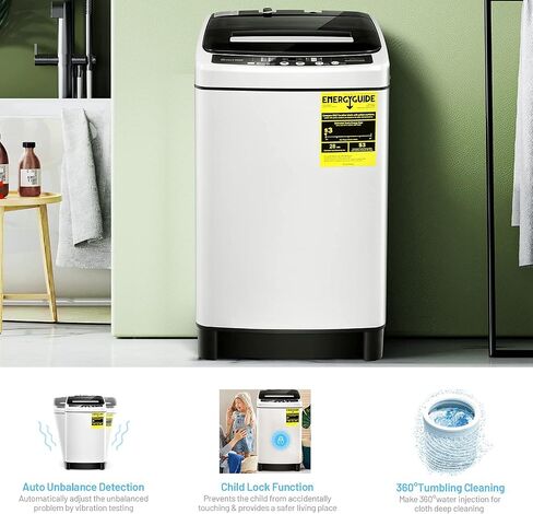 COSTWAY Portable Washing Machine, 11Lbs Capacity Full-automatic Washer with 8 Wash Programs, LED Display, 10 Water Levels, Compact Laundry Washer and Dryer Combo for Apartment Dorm, White in Kuwait