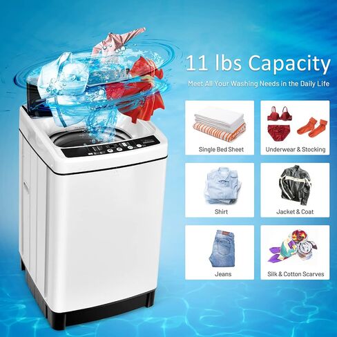 COSTWAY Portable Washing Machine, 11Lbs Capacity Full-automatic Washer with 8 Wash Programs, LED Display, 10 Water Levels, Compact Laundry Washer and Dryer Combo for Apartment Dorm, White in Kuwait