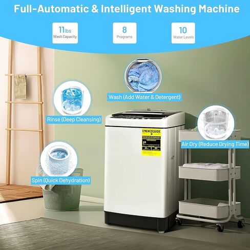 COSTWAY Portable Washing Machine, 11Lbs Capacity Full-automatic Washer with 8 Wash Programs, LED Display, 10 Water Levels, Compact Laundry Washer and Dryer Combo for Apartment Dorm, White in Kuwait