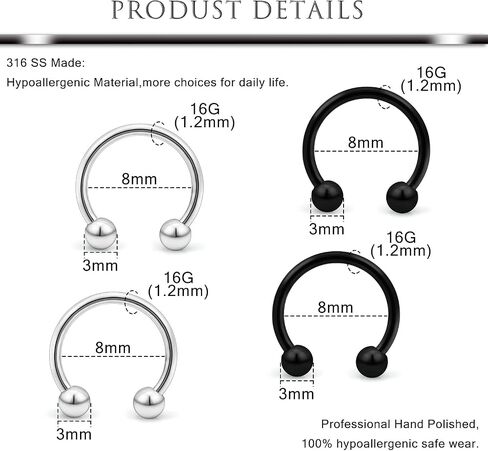 Hoeudjo 16g Lip Rings Stainless Steel Snake Bite Piercing Jewelry Labret Jewelry Medusa Piercing Jewelry Spiral Barbell Helix Tragus Earrings Hoop Horseshoe Septum Ring Cartilage Piercings in Kuwait