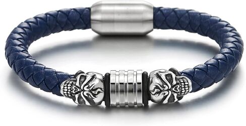 COOLSTEELANDBEYOND Mens Steel Skull Black Leather Bracelet Genuine Leather Wristband Bangle with Steel Magnetic Clasp in Saudi Arabia