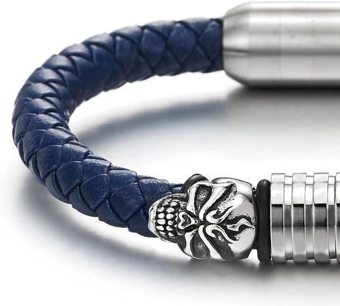 COOLSTEELANDBEYOND Mens Steel Skull Black Leather Bracelet Genuine Leather Wristband Bangle with Steel Magnetic Clasp in Saudi Arabia