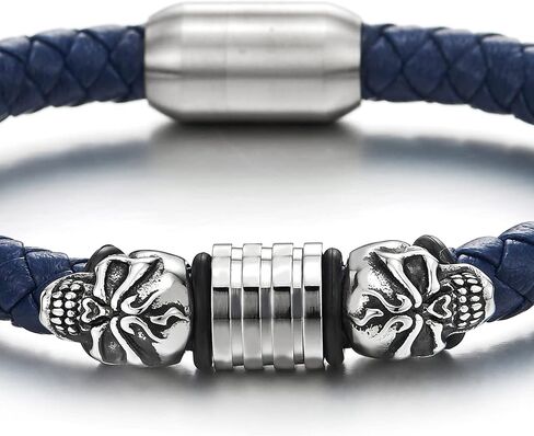 COOLSTEELANDBEYOND Mens Steel Skull Black Leather Bracelet Genuine Leather Wristband Bangle with Steel Magnetic Clasp in Saudi Arabia
