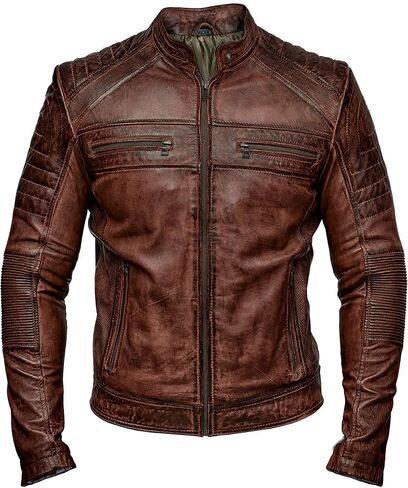 Mens Biker Vintage Antique Brown Cafe Racer Real Leather Jacket in Kuwait