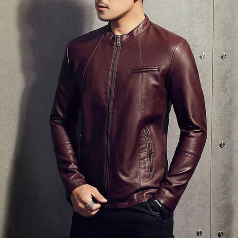 Mens Leather Jacket Slim Fit Stand Collar Vintage PU Motorcycle Jacket Lightweight Casual Zip Up Biker Coat in Kuwait