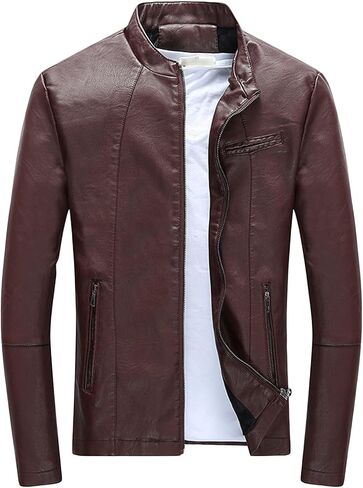 Mens Leather Jacket Slim Fit Stand Collar Vintage PU Motorcycle Jacket Lightweight Casual Zip Up Biker Coat in Kuwait