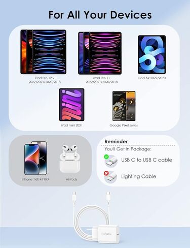 شاحن iPad Pro، شاحن oraimo 20W USB C سريع مع كابل شحن USB C إلى C لجهاز iPad Pro 12.9، iPad Air 4/ Air 3/ Pro 12.9/ Pro 11/ Mini 5، Google Pixel in Kuwait