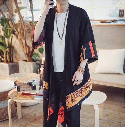 HZCX FASHION Men's Cotton Linen Long Kimono Jackets Open Front Cardigan Cloak in Kuwait