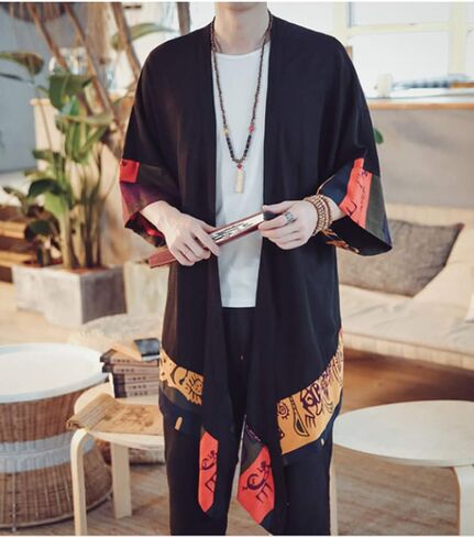 HZCX FASHION Men's Cotton Linen Long Kimono Jackets Open Front Cardigan Cloak in Kuwait