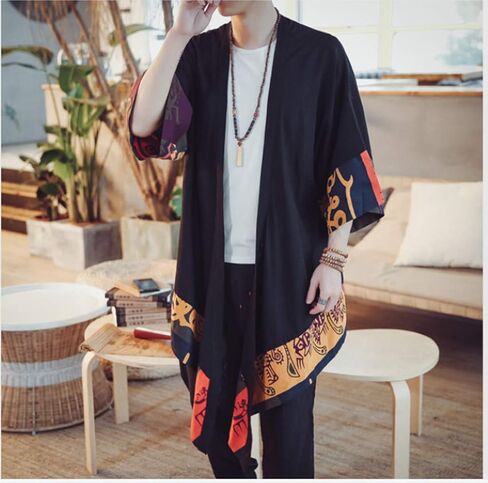 HZCX FASHION Men's Cotton Linen Long Kimono Jackets Open Front Cardigan Cloak in Kuwait