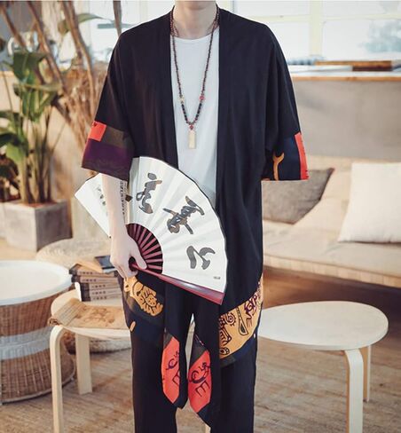 HZCX FASHION Men's Cotton Linen Long Kimono Jackets Open Front Cardigan Cloak in Kuwait