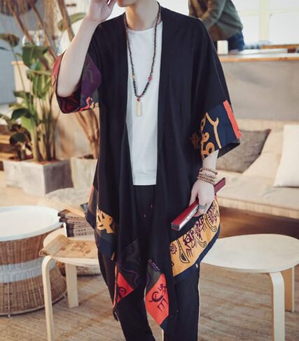 HZCX FASHION Men's Cotton Linen Long Kimono Jackets Open Front Cardigan Cloak in Kuwait