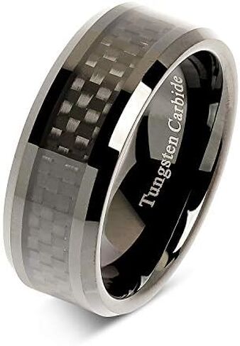 100S JEWELRY 8mm Tungsten Carbide Ring Carbon Fiber Inlay Black Plated Wedding Band Size 6-16 in Saudi Arabia