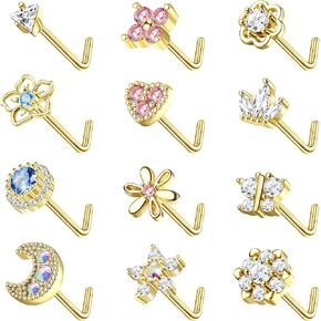 Magitaco 12 قطعة 20 جرام حلقات الأنف مسمار الفولاذ المقاوم للصدأ L على شكل الأنف ترصيع فراشة القلب زهرة الأنف خواتم الأنف ثقب المجوهرات للنساء الرجال in Kuwait