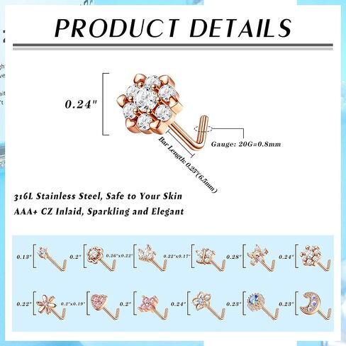 Magitaco 12Pcs 20G Nose Rings Stud Stainless Steel L Shaped Nose Studs Butterfly Heart Flower Nose Rings Nose Piercing Jewelry for Women Men in Saudi Arabia