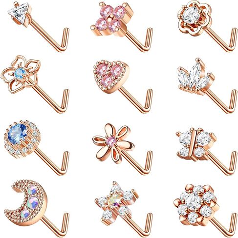 Magitaco 12Pcs 20G Nose Rings Stud Stainless Steel L Shaped Nose Studs Butterfly Heart Flower Nose Rings Nose Piercing Jewelry for Women Men in Saudi Arabia