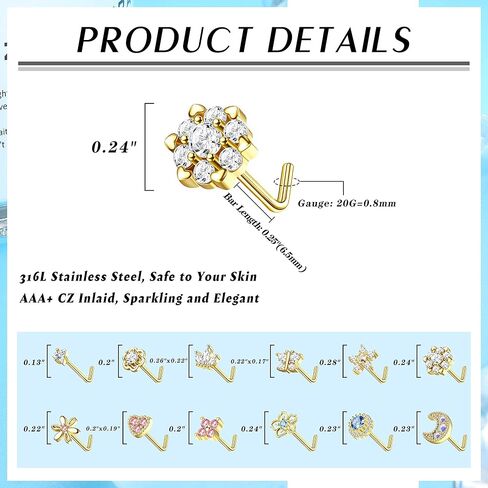 Magitaco 12 قطعة 20 جرام حلقات الأنف مسمار الفولاذ المقاوم للصدأ L على شكل الأنف ترصيع فراشة القلب زهرة الأنف خواتم الأنف ثقب المجوهرات للنساء الرجال in Kuwait