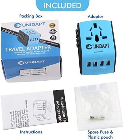 Universal Travel Adapter, Unidapt International Plug Adapter with 4 USB Ports, Pin Converter Power Adaptor Charger for travel in EU, UK, AU, US, Black in Kuwait