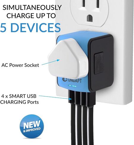 Universal Travel Adapter, Unidapt International Plug Adapter with 4 USB Ports, Pin Converter Power Adaptor Charger for travel in EU, UK, AU, US, Black in Kuwait