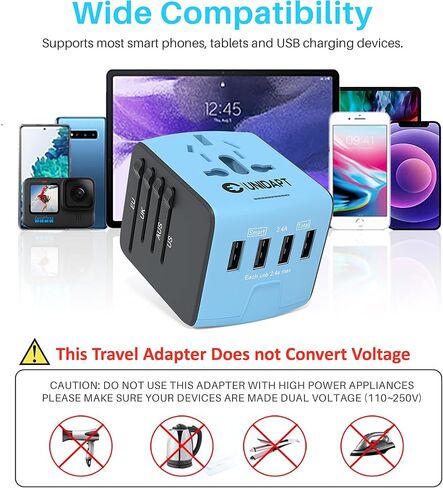 Universal Travel Adapter, Unidapt International Plug Adapter with 4 USB Ports, Pin Converter Power Adaptor Charger for travel in EU, UK, AU, US, Black in Kuwait