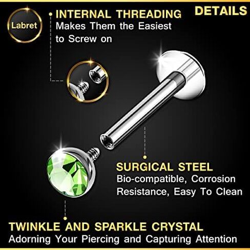 3PCS Steel Internally Labret Studs 16g 1.2mm 5/16 8mm 2mm 3mm 4mm Crystal Monroe Tragus Earrings Piercing Jewelry Pick Color in Saudi Arabia
