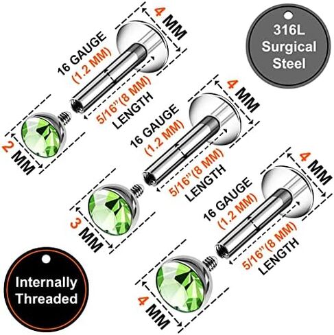3PCS Steel Internally Labret Studs 16g 1.2mm 5/16 8mm 2mm 3mm 4mm Crystal Monroe Tragus Earrings Piercing Jewelry Pick Color in Saudi Arabia
