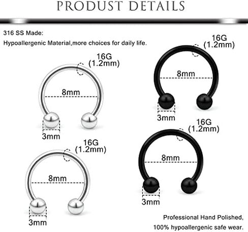 Hoeudjo 16g Lip Rings Stainless Steel Snake Bite Piercing Jewelry Labret Jewelry Medusa Piercing Jewelry Spiral Barbell Helix Tragus Earrings Hoop Horseshoe Septum Ring Cartilage Piercings in Kuwait